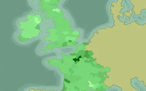 Medieval Age – Nyugat-Európa térképe zöld árnyalatokkal, a fejlettség szerinti nézetben