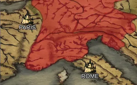 Medieval simulator – pergamenszerű Európa-térkép Párizzsal, Rómával és a saját birodalom vörös területével